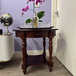 Solid Wood End Table with Drawer, Oval Sofa Side Table, Storage Shelf, Corner Table, Cherry walnut E-13