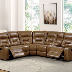 3 pc brown leatherette sectional sofa with recliners on each end cup holder console. 