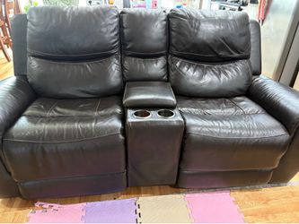 Leather reclining sofa + loveseat with console - dark brown
