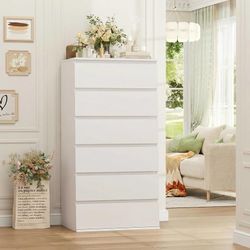 B473 $130  White Dresser, 6 Drawer Dresser, Modern Tall Floor Storage Cabinet with Metal Sliding Rail, Wooden Handleless Drawer Cabinet, 6-Layer Large