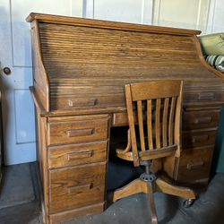 Antique Oak Roll Top  Desk With Chair