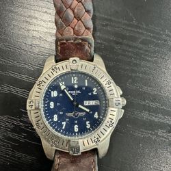 Fossil Men Watch Silver Stainless Steel 30m Nylon Blue Day Date 24hr Batt Quartz