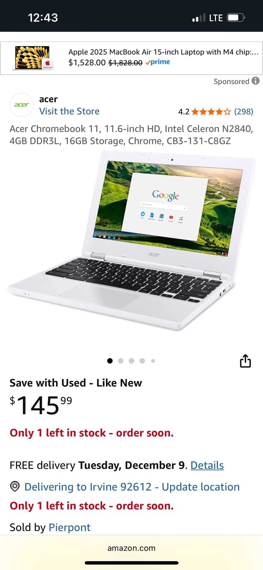 Acer Chromebook 11, 11.6-inch HD, Intel Celeron N2840, 4GB DDR3L, 16GB Storage, Chrome, CB3-131-C8GZ