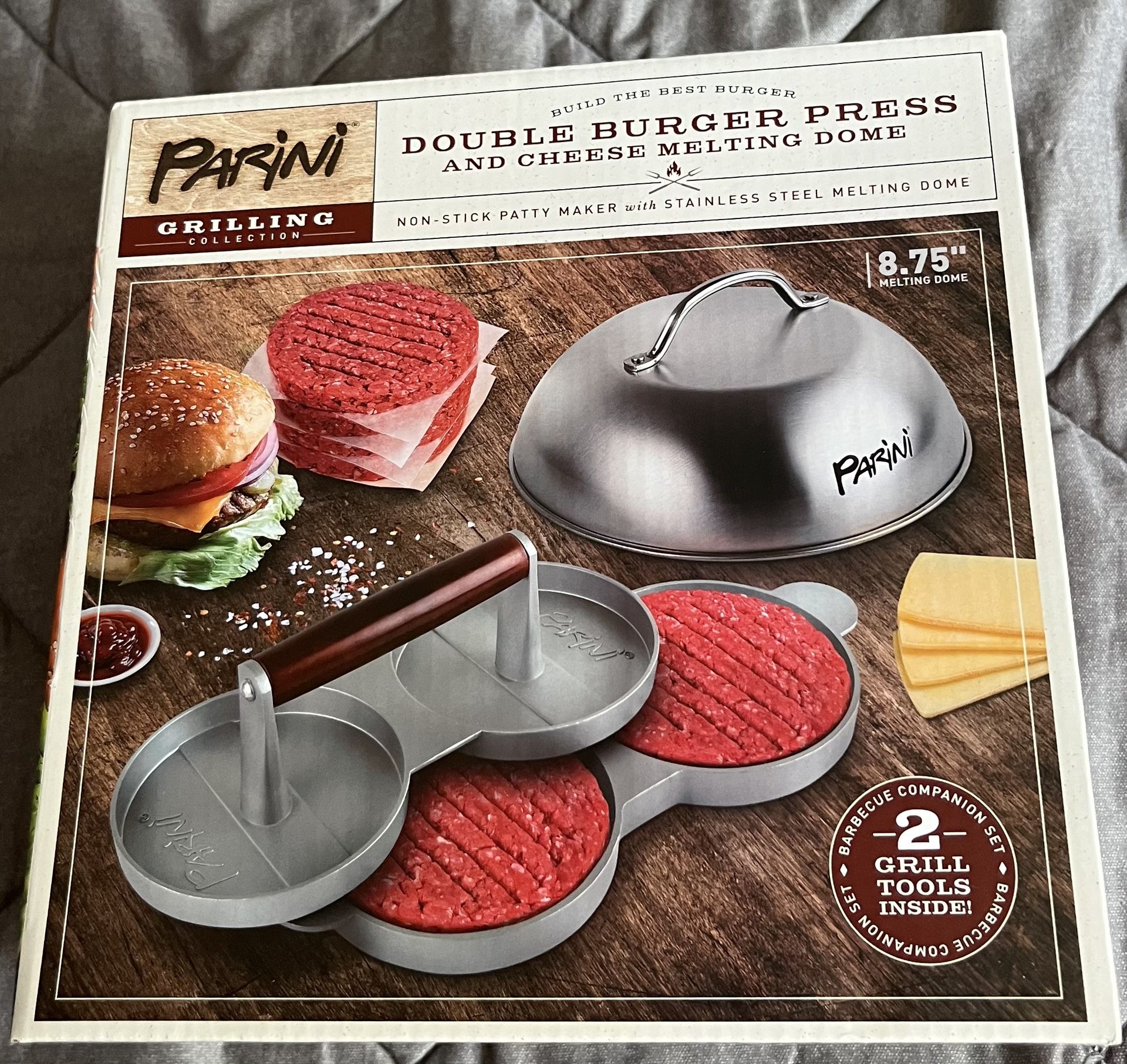 BRAND NEW Parini Double Burger Press w/ Cheese Melting Dome