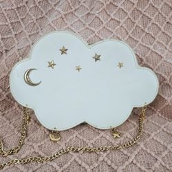 Bisoulovely Cloud Shaped White Shoulder Bag Gold Chain Star Moon Accents