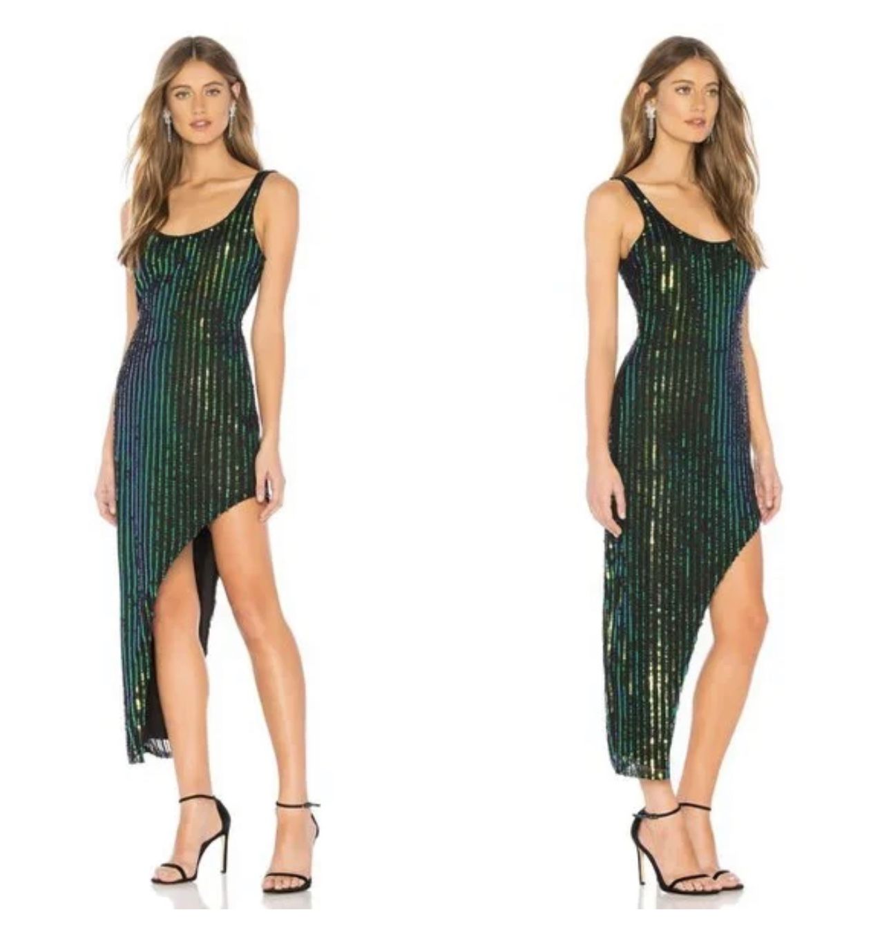 H:OURS Zafiro Dress Iridescent Green Sequin Embellished High Low Women