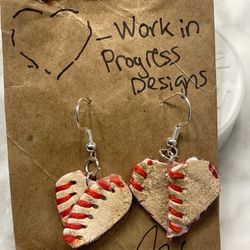 Single heart Handcrafted Baseball Earrings- Silver - Work In Progress designs 