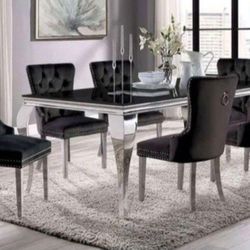 Brand New Glam Black Chrome 7pc Dining Table Set