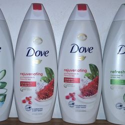 6 Dove Body Washes -Pomegranate & Hibiscus, Aloe & Birch Water,  Cucumber & Green Tea 22 Fl Oz Each