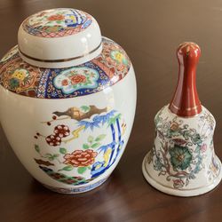 Japanese Miyako Handcrafted Porcelain Vase With Lid Plus A Ceramic Bell