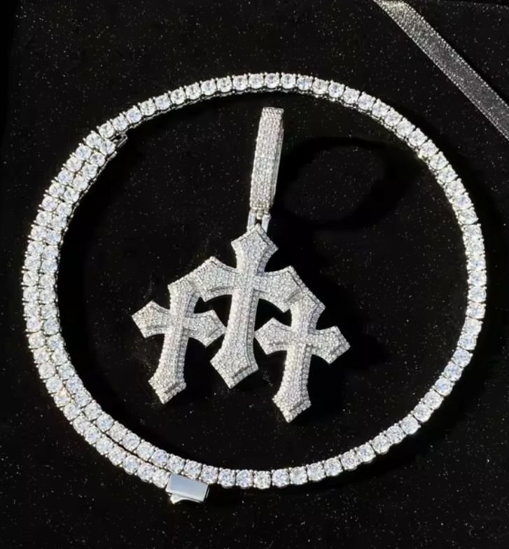 Crystal Stone Silver 3 Cross pendant with necklace 20in