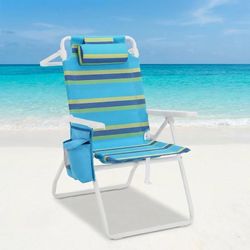 B881 $35  16" H Tall Beach Chair for Adults W/ 5-Position Lay Flat & Cooler Pouch, Folding Backpack Beach Chair W/Headrest, Storage Bag, Towel Bar, Fo