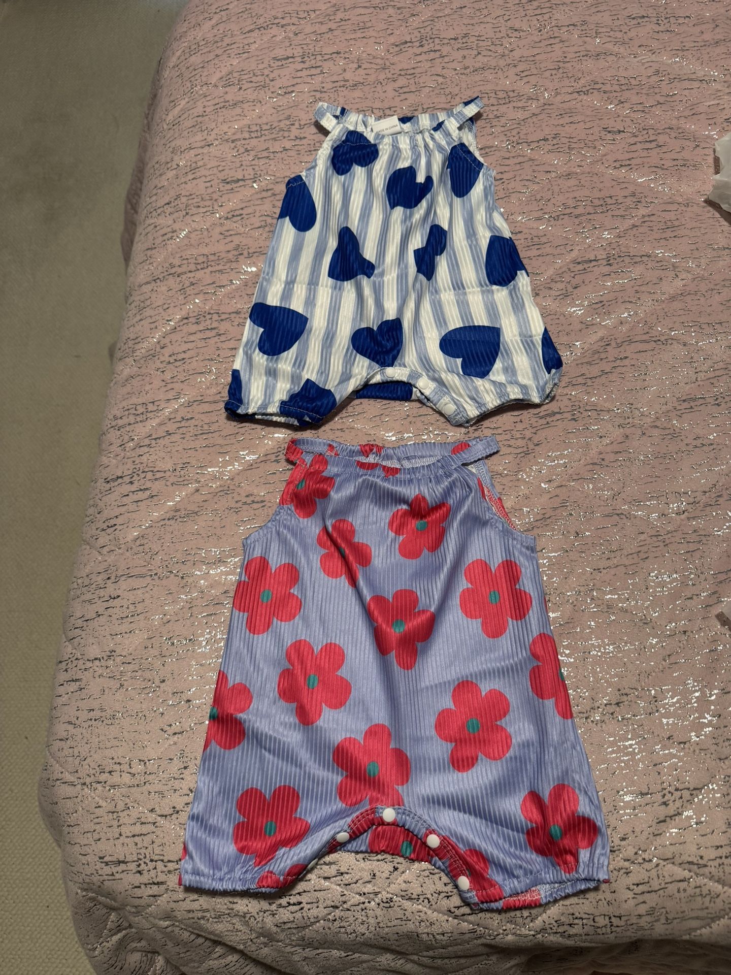 2pcs Newborn Baby's Flower & Heart Pattern Halter Neck Bodysuit, Trendy Ribbed Sleeveless Romper, Toddler & Infant Girl's Onesie For Summer