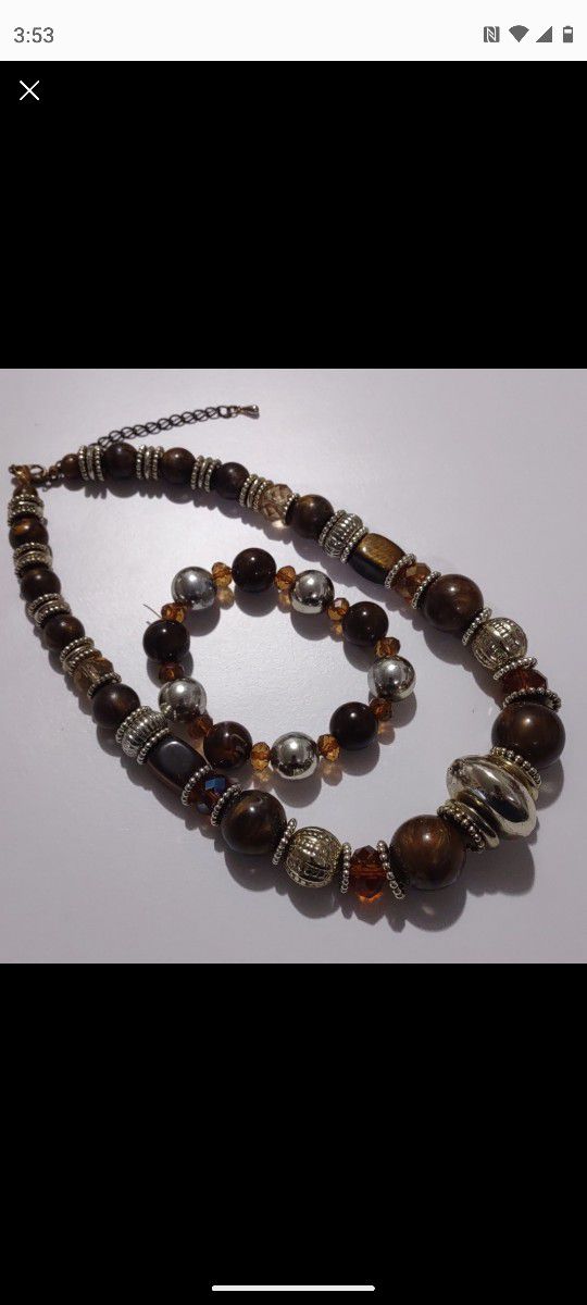 Women's Brown and Silver Beaded Necklace with Matching Bracelet