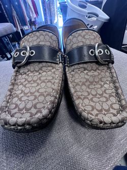 Coach Emery Flat Shoes Loafers Fabric Logo Sz 8 Loafers Buckle Strap Brown Beige