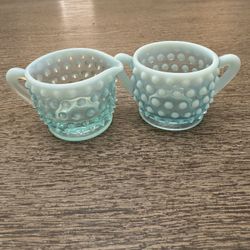 Fenton Blue Opalescent Hobnail Sugar and Creamer Set