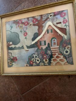 Yarn Framed Art, Stitch work, Needlepoint, Country Cottage Scene