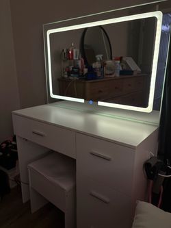 White Vanity Desk with LED Mirror and Stool