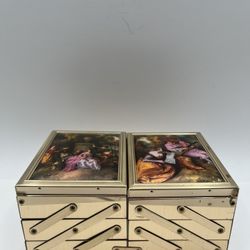 Vintage Metal 3 Tiered Folding Jewelry Box With Mirror In Both Sides. Gold Tone