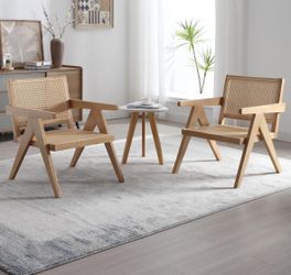 Set Of 2 - Natural Wood & Rattan Living Room Accent Chairs / Leisure Armchairs / Boho Style  [NEW IN BOX] **Retails for $380(4 Available)