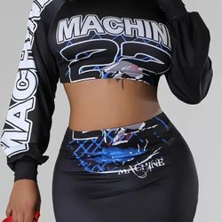 Stylish Printed Raglan Sleeve Top and Skirt Set