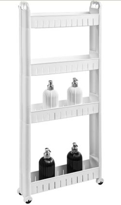 4 Tiers Slim Rolling Storage Cart, 3.5 in Slim Slide Out Bathroom Organizer Cart, Tiered Storage Rack with Wheels, Narrow Mobile Utility Cart for Laun