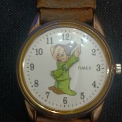 Vintage Timex Disney Dopey Watch Silver Tone Brown Leather Band 30mm