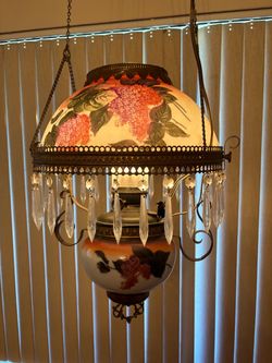 Antique Hanging Oil Lamp with Crystal Prisms