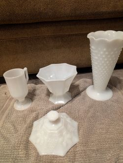Vintage Milk Glass Collection – Hobnail Vase, Grape Compote Lid, Hex Footed Dish, and Mini Goblet
