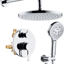 Polished Chrome Shower Faucet Set, Wall Mount Rain Shower System 10 Inches, and 5 Setting Handheld Shower Head Set, Included Rough-in Valve and Trim K
