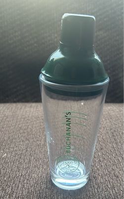 Buchanan's Deluxe 12 Scotch Whisky Glass Cocktail Shaker-Green Top & Recipe Line