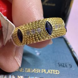 Mia Sarine Fine Silver Plated Gold Band Marquise Blue Stone Ring Size 9
