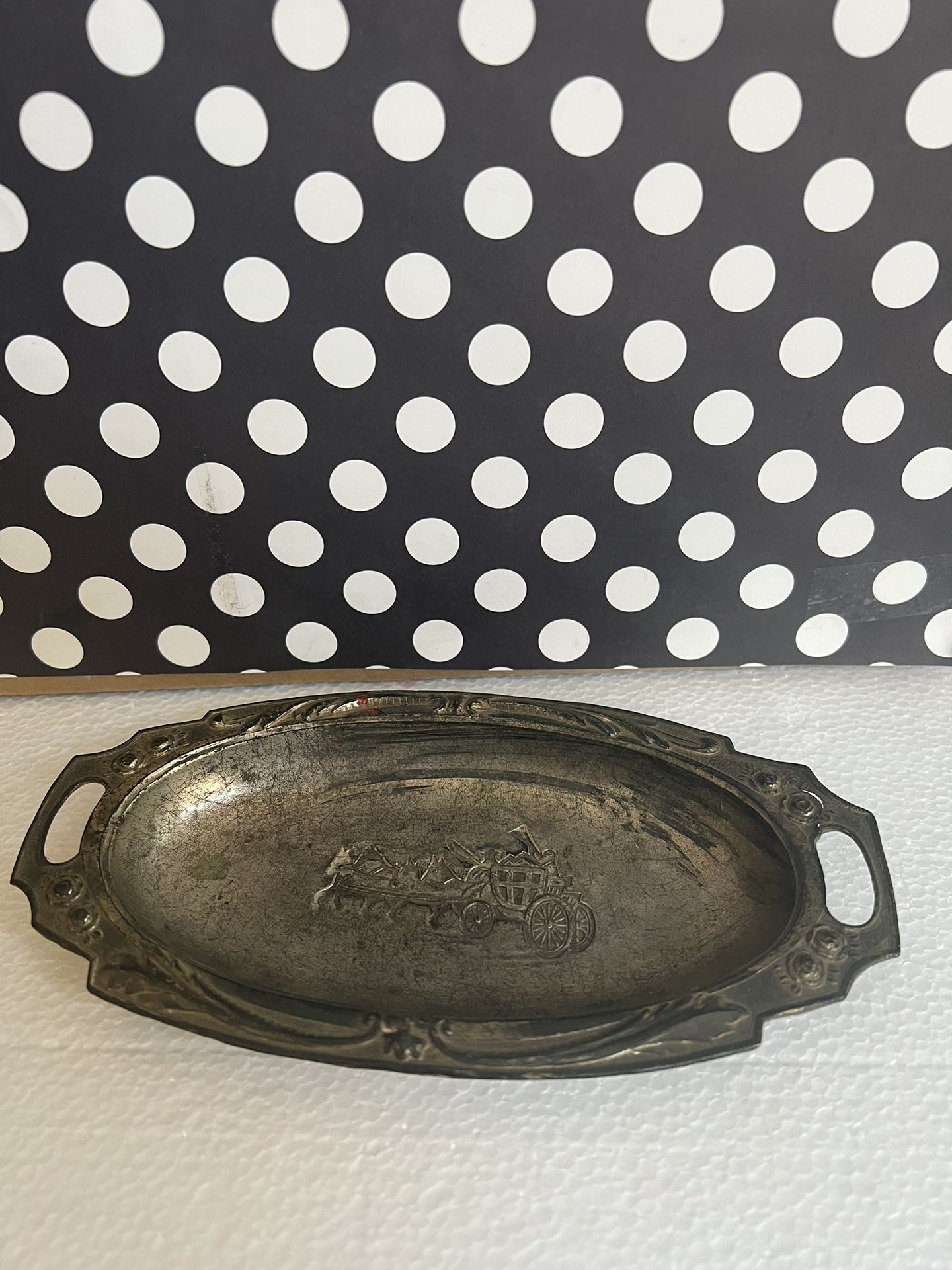 Small Antique Pewter Dish / Silver Plated Horse and Carriage Trinket Dish Tray