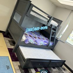 Twin Full Full Trundle Grey Bunk Bed With Mattresses Colchones Nuevos Bonitos Trundle 