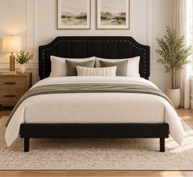 Black Fabric Full Size Upholstered Platform Bed Frame