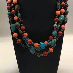 Jay King 925 Sterling Silver Triple Strand Turquoise & Robin's Egg & Coral Necklace