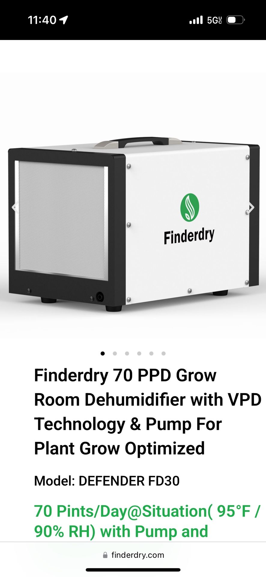 Finderdry 70 PPD Grow Room Dehumidifier with VPD Technology & Pump For Plant Grow Optimized