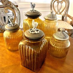 5 Beautiful Amber Canisters Roosters And Pewter Weave Tops