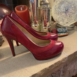 Red Leather Pumps With Suede Trim Never Worn