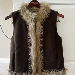 ANN TAYLOR LOFT Vest Womens Medium Brown Faux Fur Sleeveless Boho Embroidered