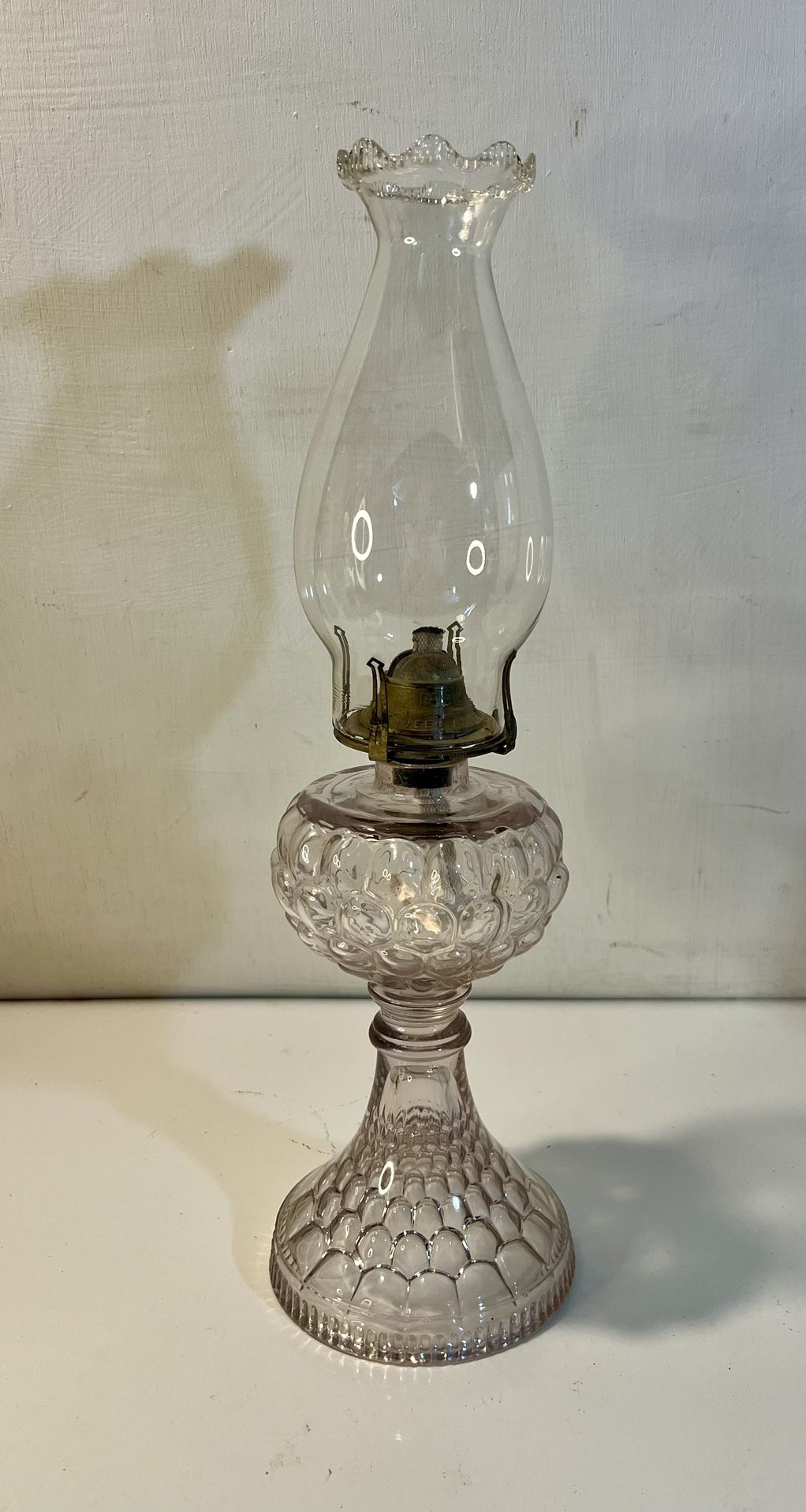 Antique Rayo Kerosene Oil Lamp, featuring a unique fish scale pattern in clear glass,