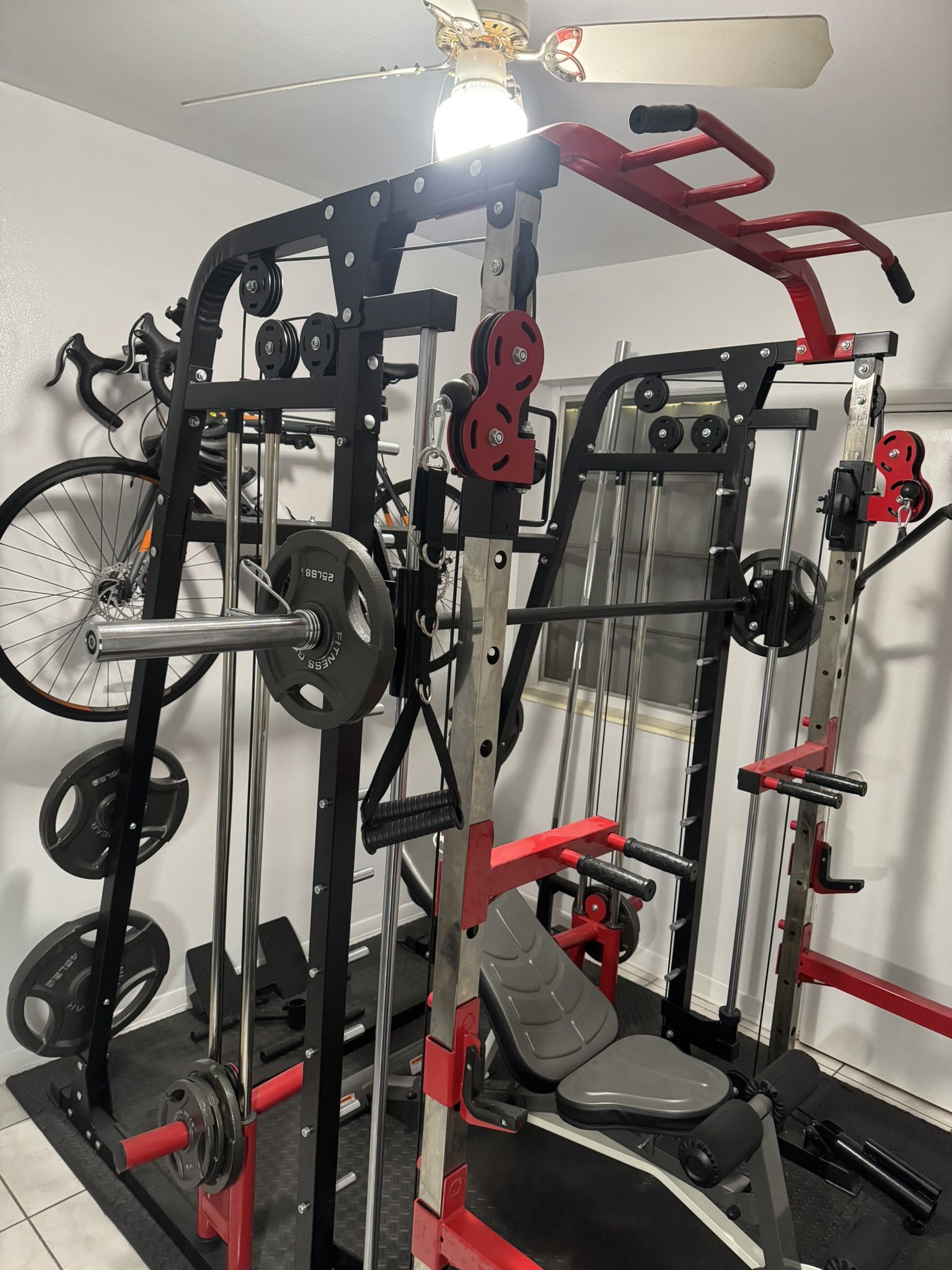 Mikolo Smith Machine, Marcy Foldable Bench, 255 lbs Fitness Gear Weights with 45 lbs Olympic Barbell, and Foam Pads