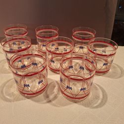FEDERAL GLASS SET of 8 Vintage Rocks Glasses Red Blue Pattern