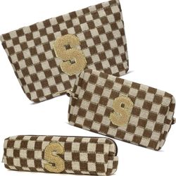 3 Pieces Checkered Makeup Bag Personalized Initial Cosmetic Bag with Zipper Cute Storage Pouch Large Capacity Travel Organizer for Women Girl Gifts (B