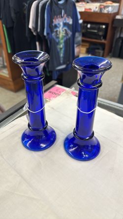 Cobalt Blue Glass Candlestick Holders Set of 2