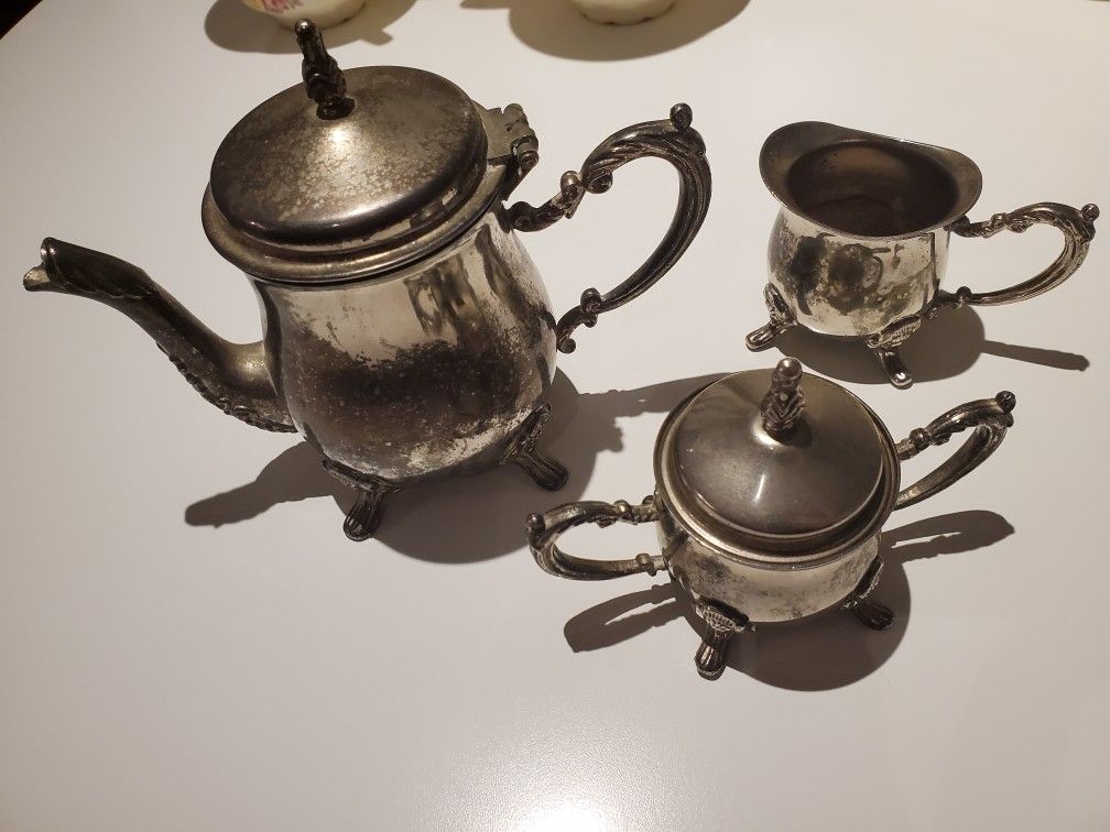 Silver Teapot with cream and sugar dishes