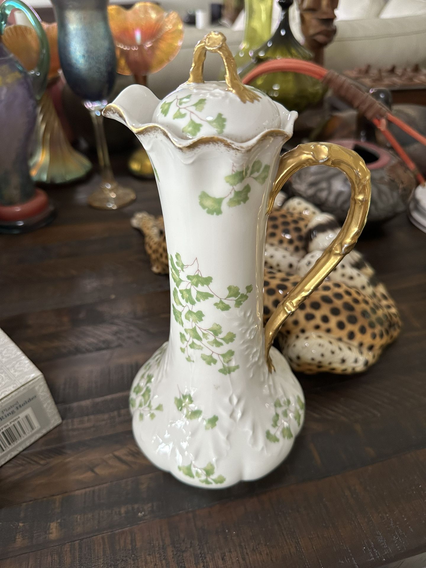 Antique HAVILAND LIMOGES Chocolate Pot Teapot Green Flowers Gold Ribbon