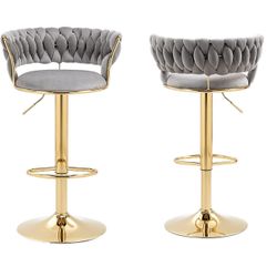 Velvet Woven Barstools Set of 2, Height Adjustable Kitchen Counter Stool, Island Chair, 360°Swivel Bar Chairs Gold Metal Chassis and Low Back Bar Stoo