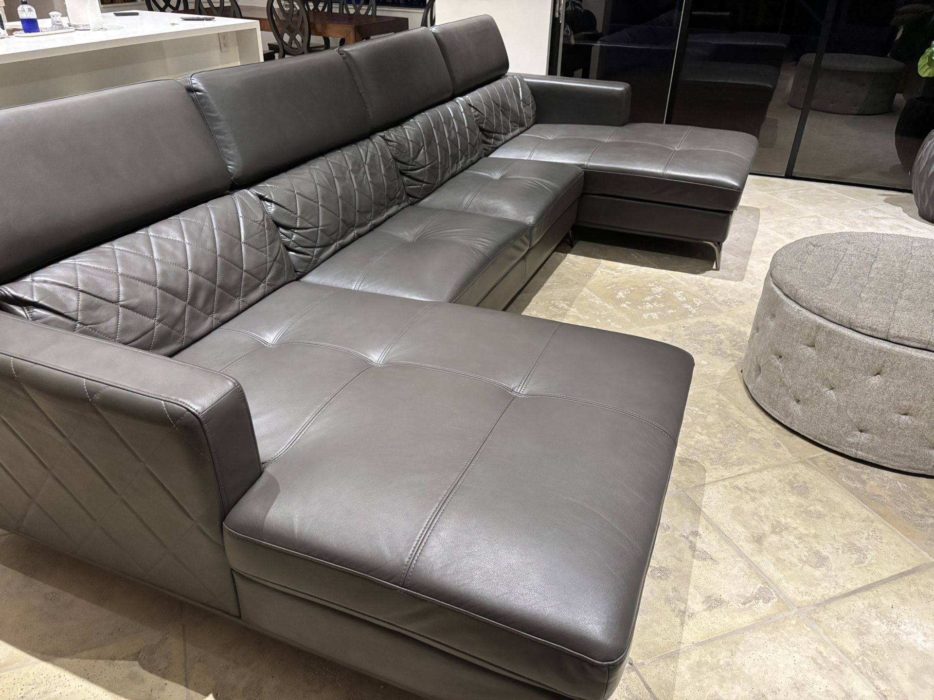 Modern Gray Leather Sectional Sofa w/ 2 Chaises & Pop-Up Headrests – Excellent Condition