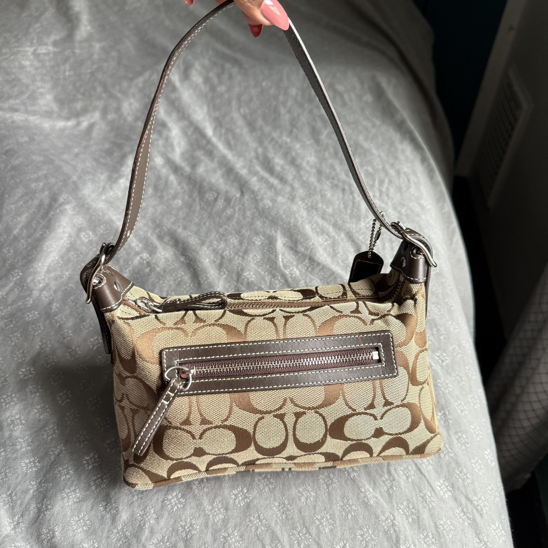 Coach Signature Jacquard Demi Shoulder Bag Brown Leather Trim